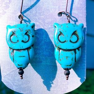 Carved Owl Howlite Stone Earrings